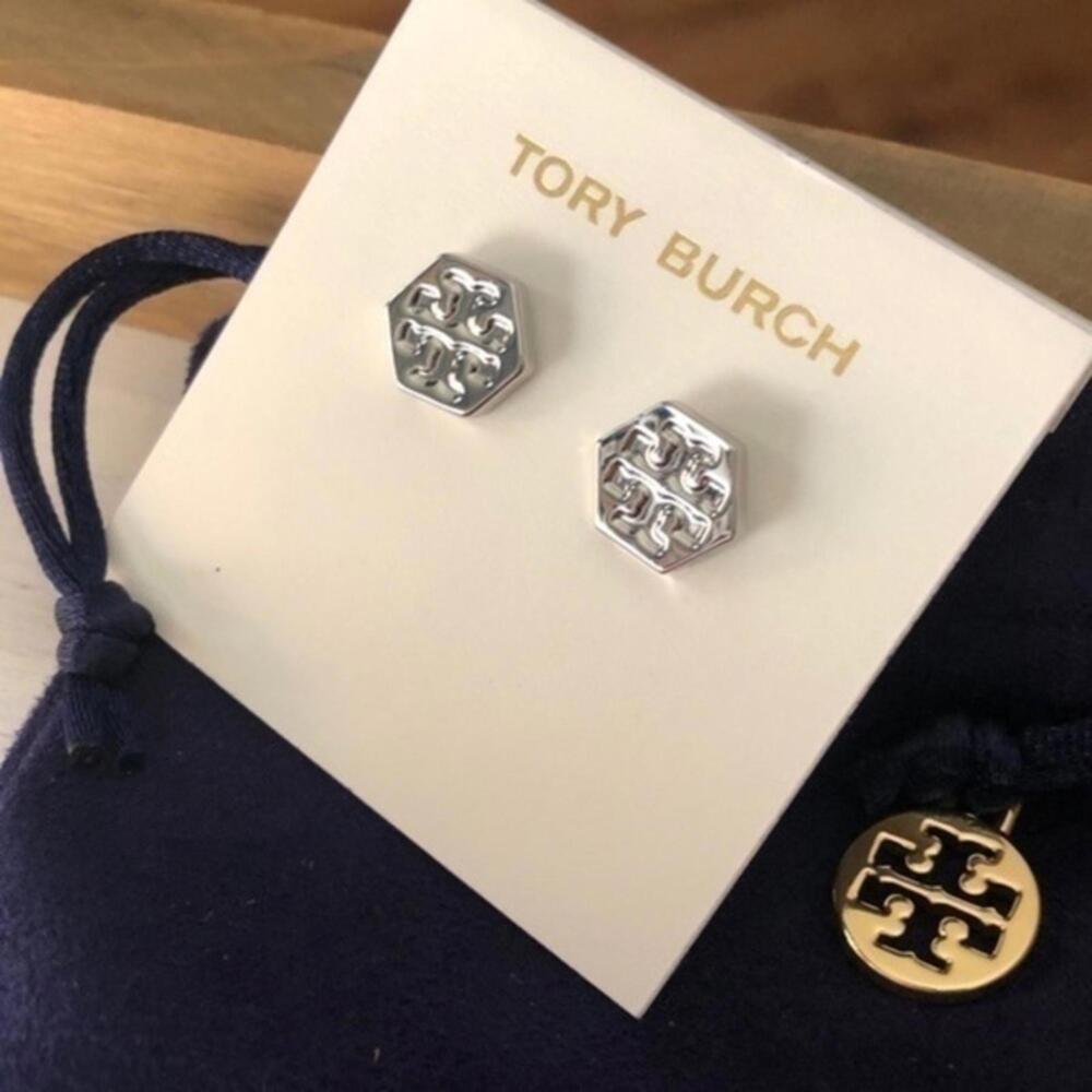 Tory Burch Hexagon Stud Earrings Silver-Tone NWT